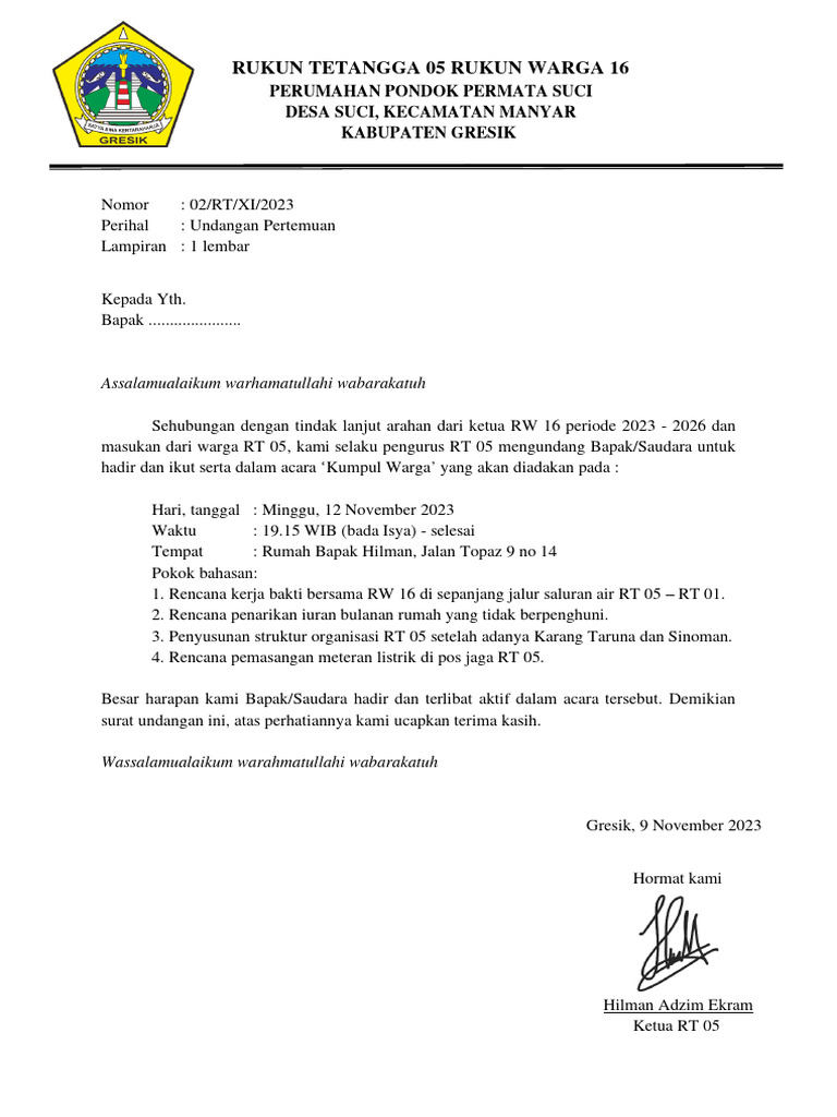 Surat Undangan Acara Pertemuan Warga | PDF