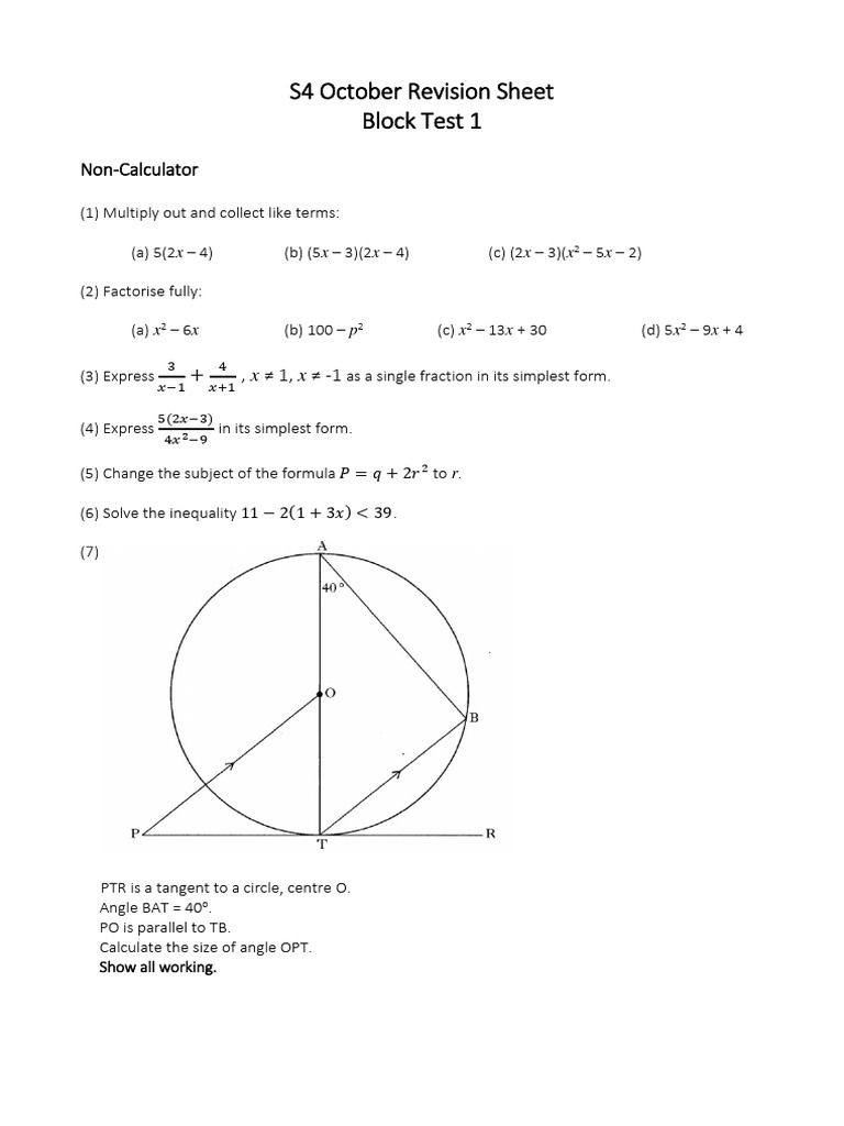 S4 N5 BT1 Revision Sheet | PDF | Mathematics | Elementary Mathematics