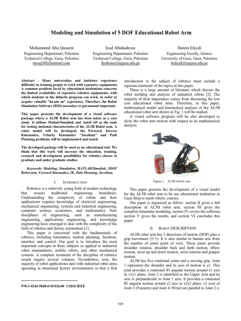 5 DOF Robot Arm Simulation in MATLAB | PDF | Cartesian Coordinate ...