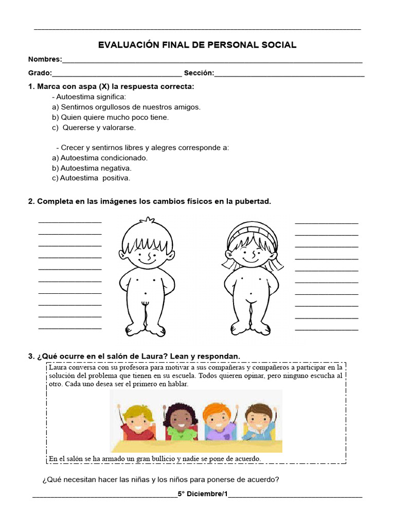 5° Grado - Evaluacion Personal Social | PDF | Ecuador | Autoestima