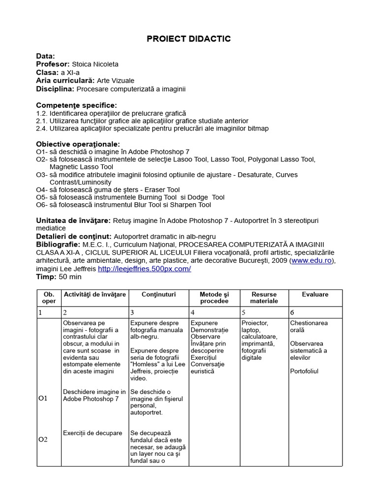 Proiect Didactic Retus Foto PDF