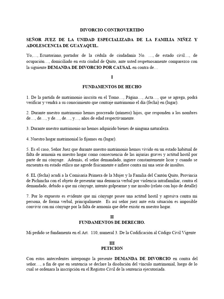 Demanda de Divorcio Controvertido | PDF