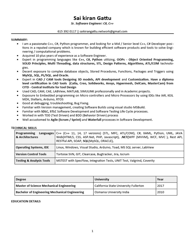 Senior Software Engineer Resume: C++, C# | PDF