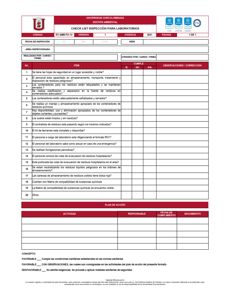 Ev Amb Fo 12 Check List Inspeccion Para Laboratorios Pdf 