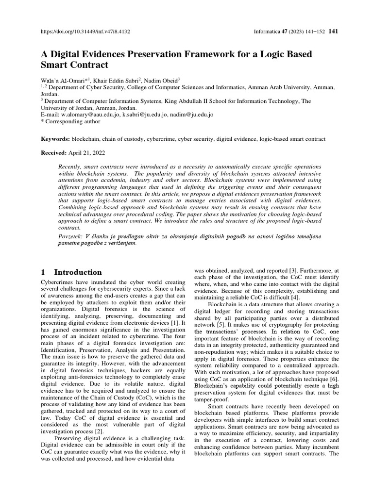 Digital Evidence Framework for Smart Contracts | PDF