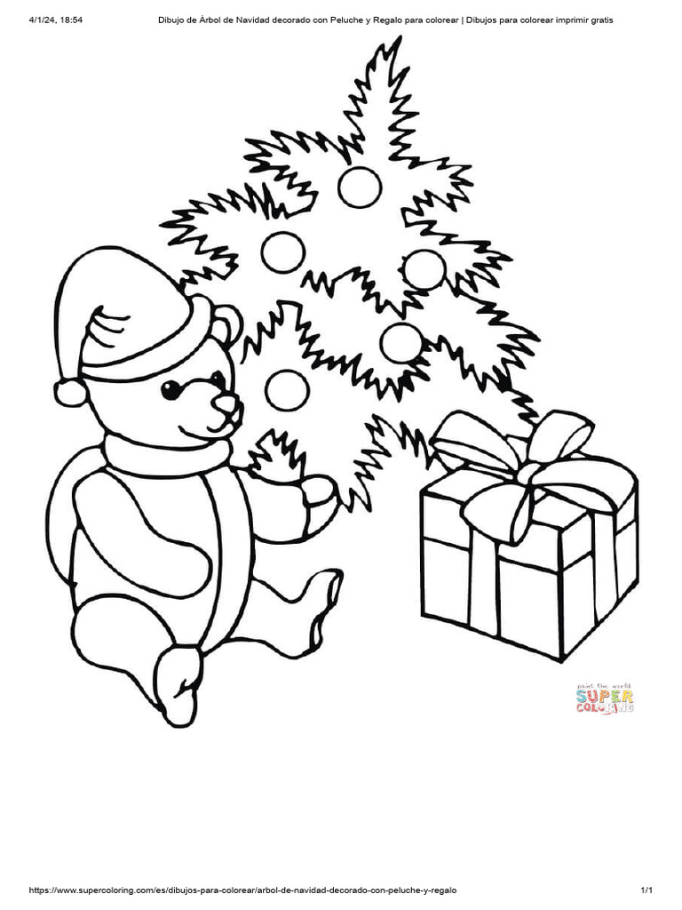 Dibujo de Árbol de Navidad Decorado Con Peluche y Regalo para Colorear ...