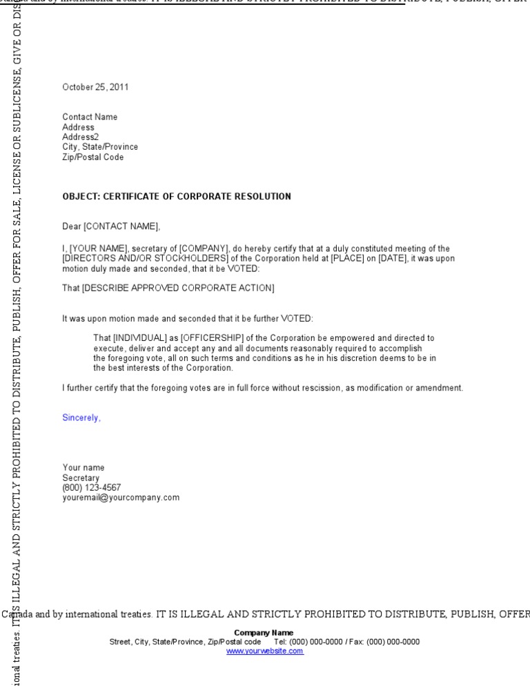 Certificate of Corporate Resolution | PDF