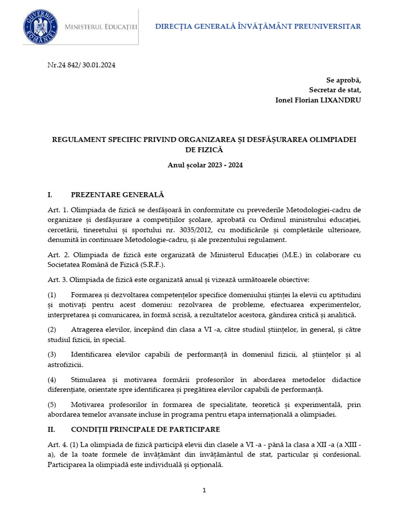 Regulament Olimpiada Fizica 2024 PDF