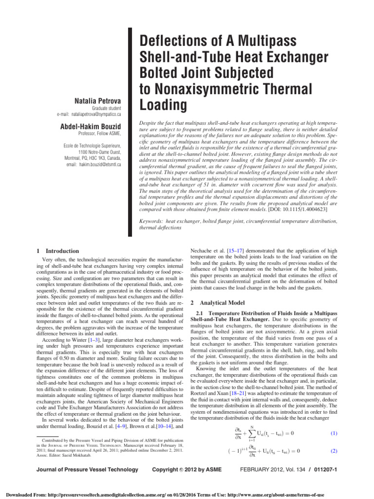 Deflections of A Multipass Shell-and-Tube Heat Exchanger Bolted Joint ...
