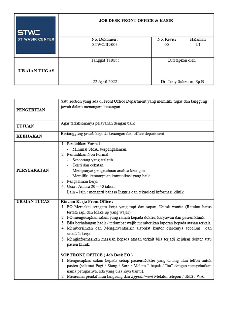 Ik 005 Job Desk Front Office & Kasir PDF