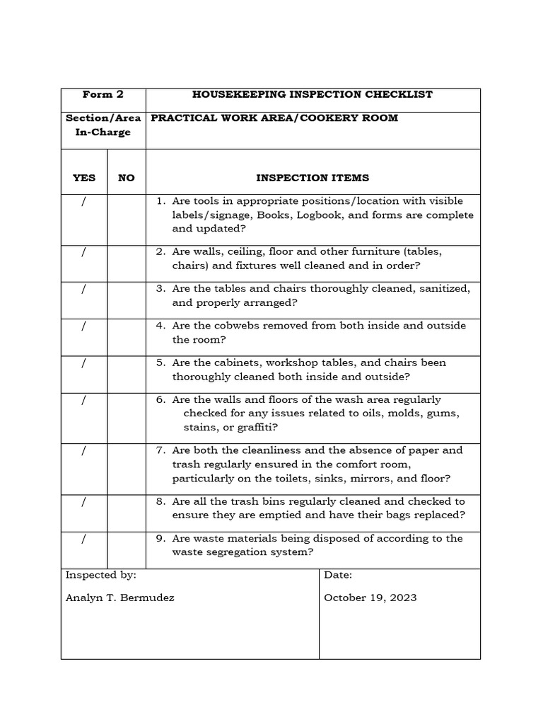 Housekeeping Inspection Checklist Form | PDF | Home & Garden
