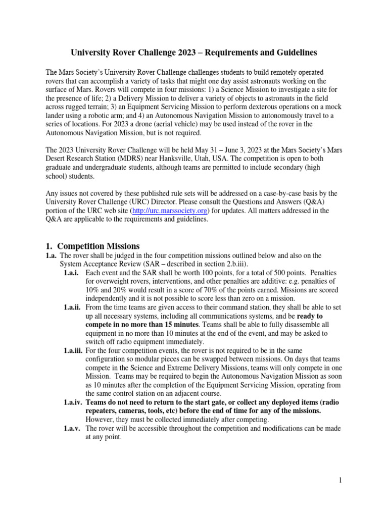 University Rover Challenge Rules 2023 PDF Rover (Space Exploration