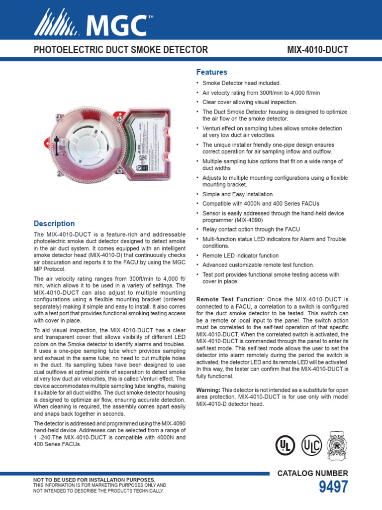 CAT-9497 MIX-4010-DUCT Photoelectric Duct Smoke Detector | PDF
