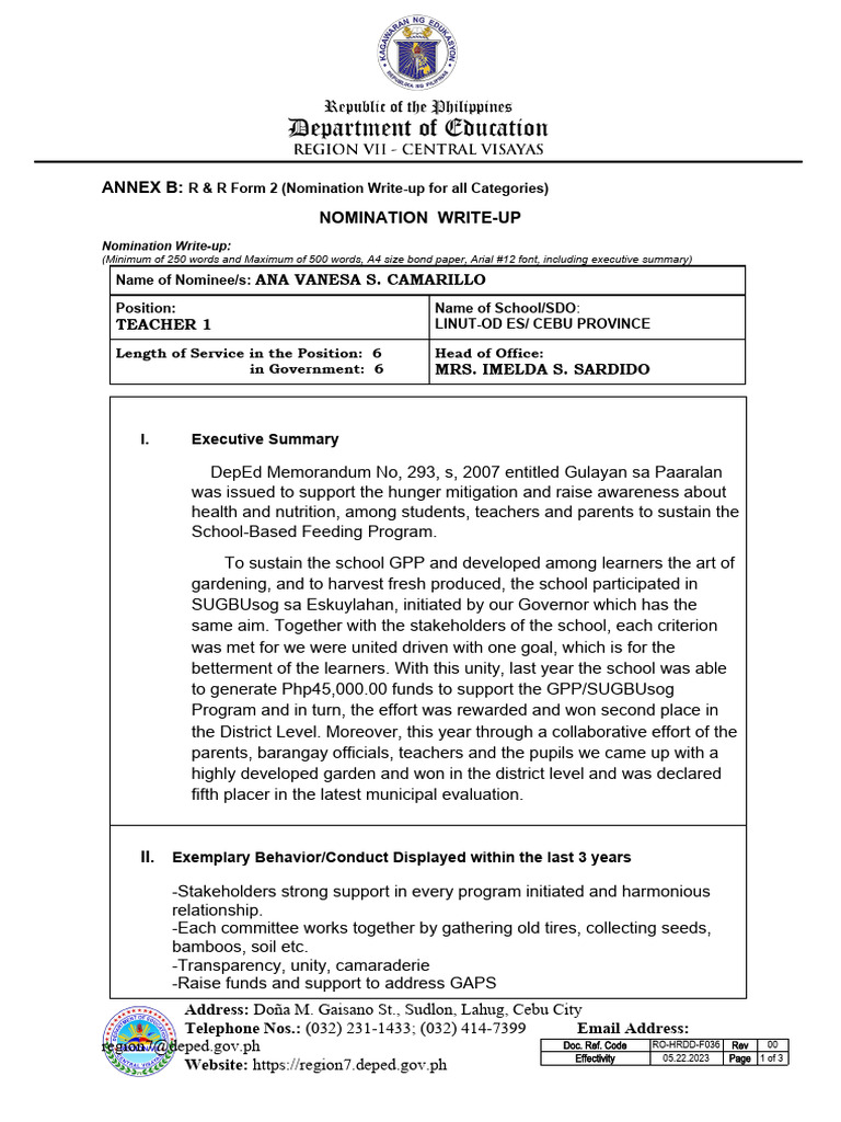 Nomination Summary for Ana Vanesa Camarillo | PDF