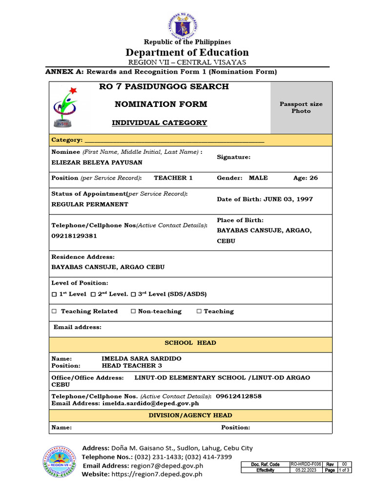Pasidungog Nomination Form 1 Nomination Form | PDF