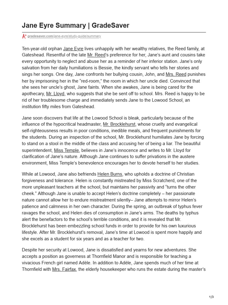 Jane Eyre Summary PDF