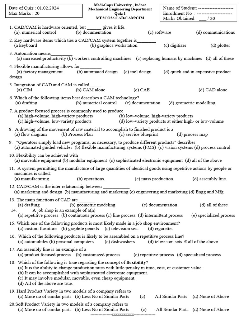 CAD_CAM_CIM_Quiz_1 | PDF | Computer Aided Design | Automation