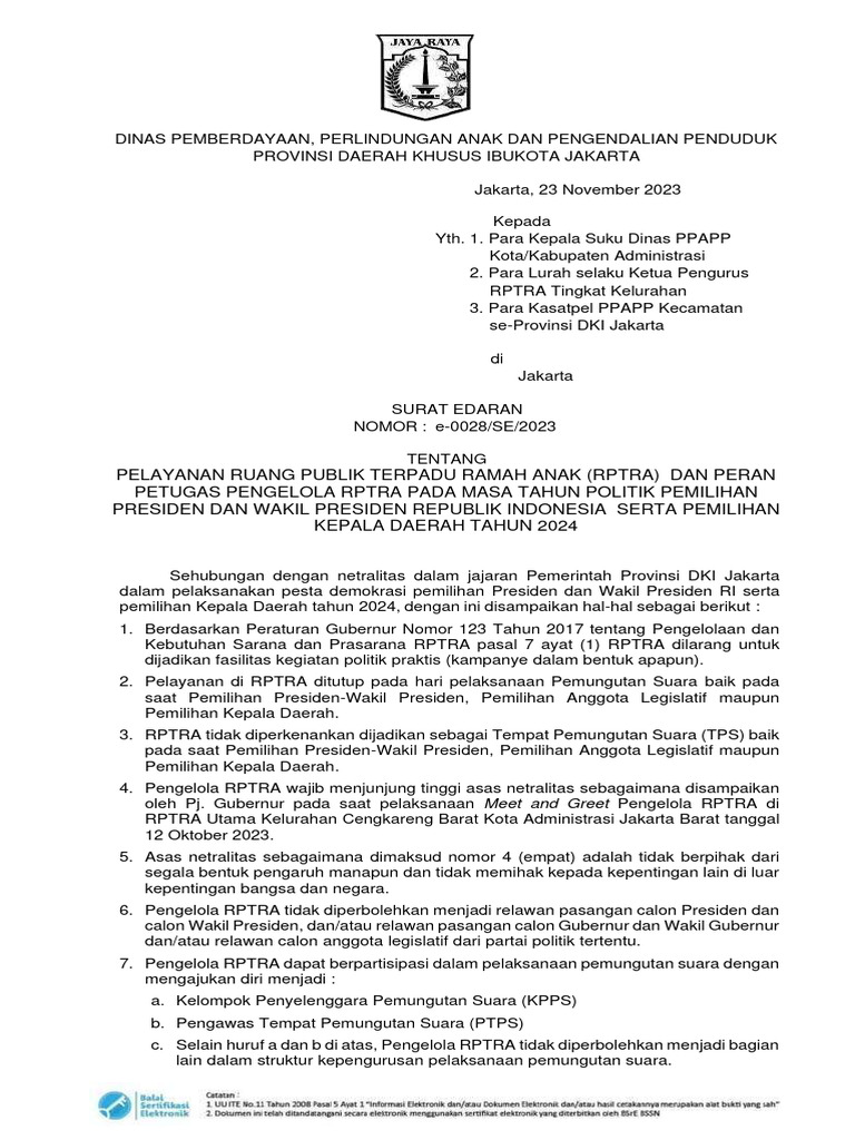 SE KADIS - Pelayanan RPTRA & Pengelola RPTRA Pada Tahun Politik 2024 ...