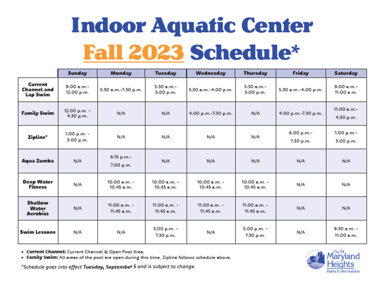 Indoor Aquatic Center Fall 2023 Schedule | PDF