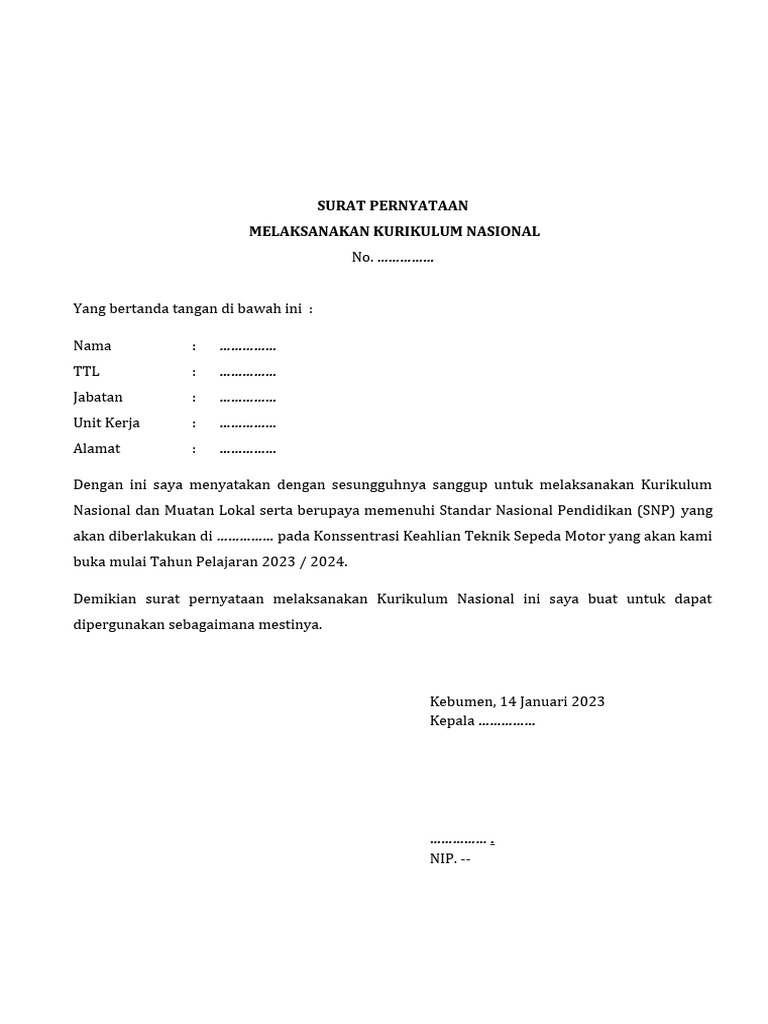 Surat Pernyataan Kurikulum Pdf