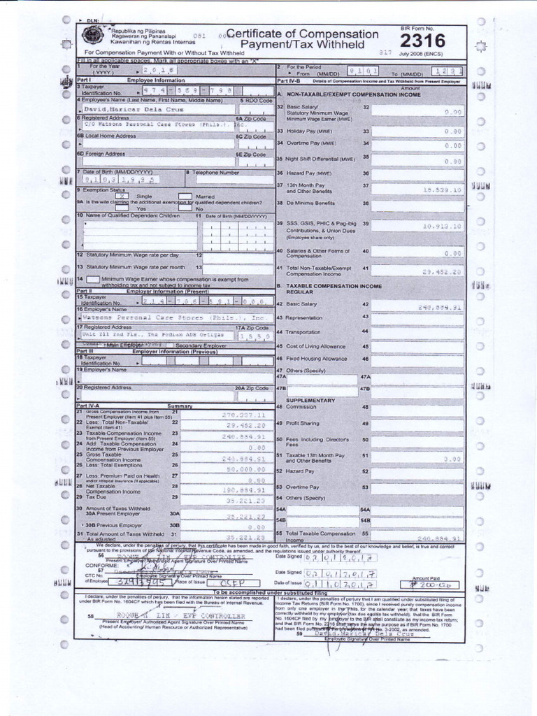 Bir Form 2316 2016 David Maricar | PDF