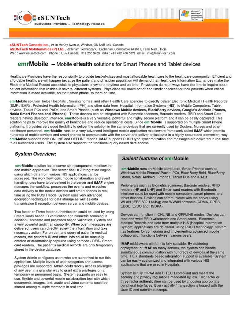 Emrmobile Brochure Ver 104 | PDF | Electronic Health Record | Smartphone