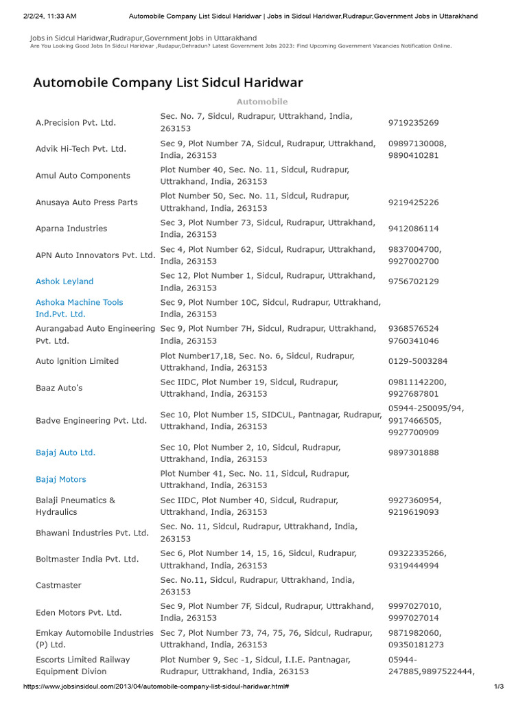 Rudrapur Sidcul Automob | PDF