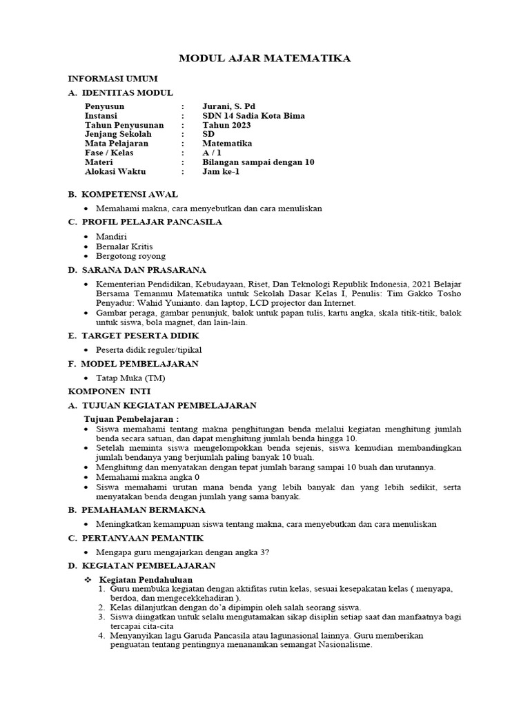 Modul Ajar Matematika Kelas 1 Semester Ganjil | PDF