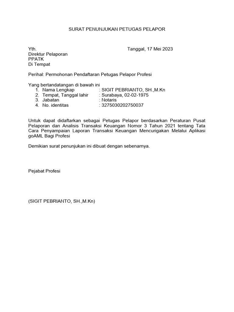 Surat Penunjukan Petugas Pelapor | PDF