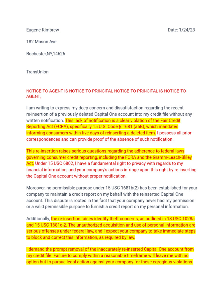 Reinsertion Letter Transunion | PDF