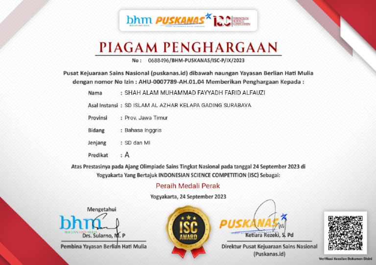 Piagam Isc Bahasa Inggris Perak | PDF