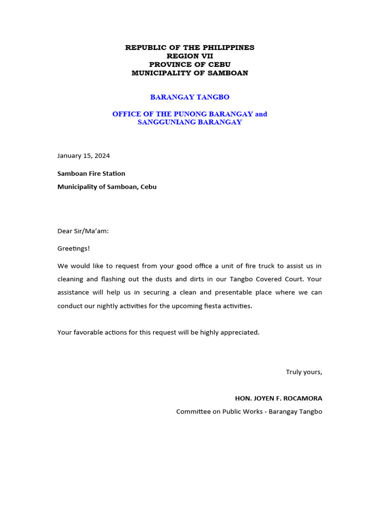 Bfp request letter for washing pdf