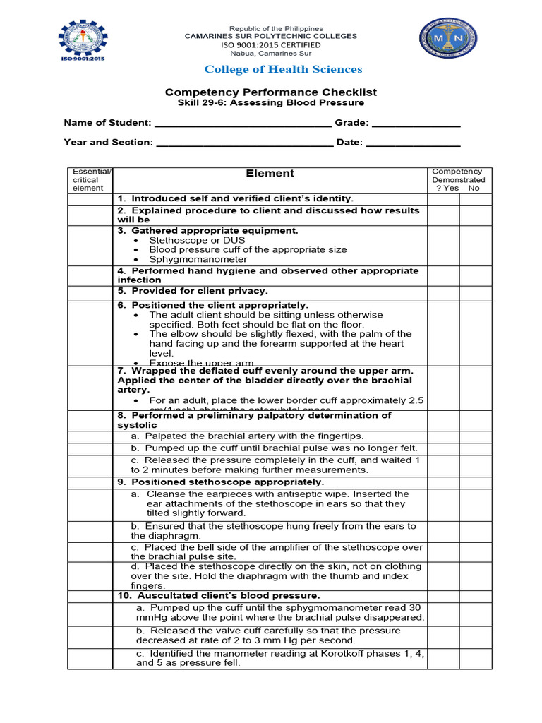 Blood Pressure Assessment Checklist | PDF | Wellness | Technology ...