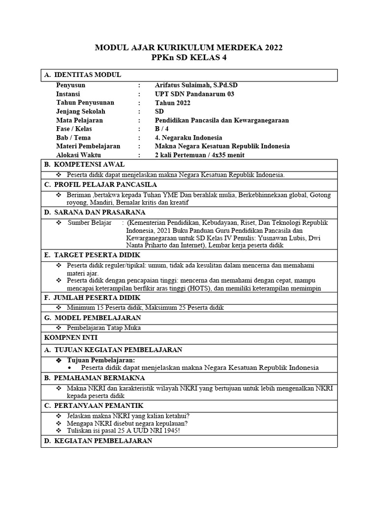 Modul Ajar Kurikulum Merdeka 2022 PPKN SD Kelas 4 | PDF
