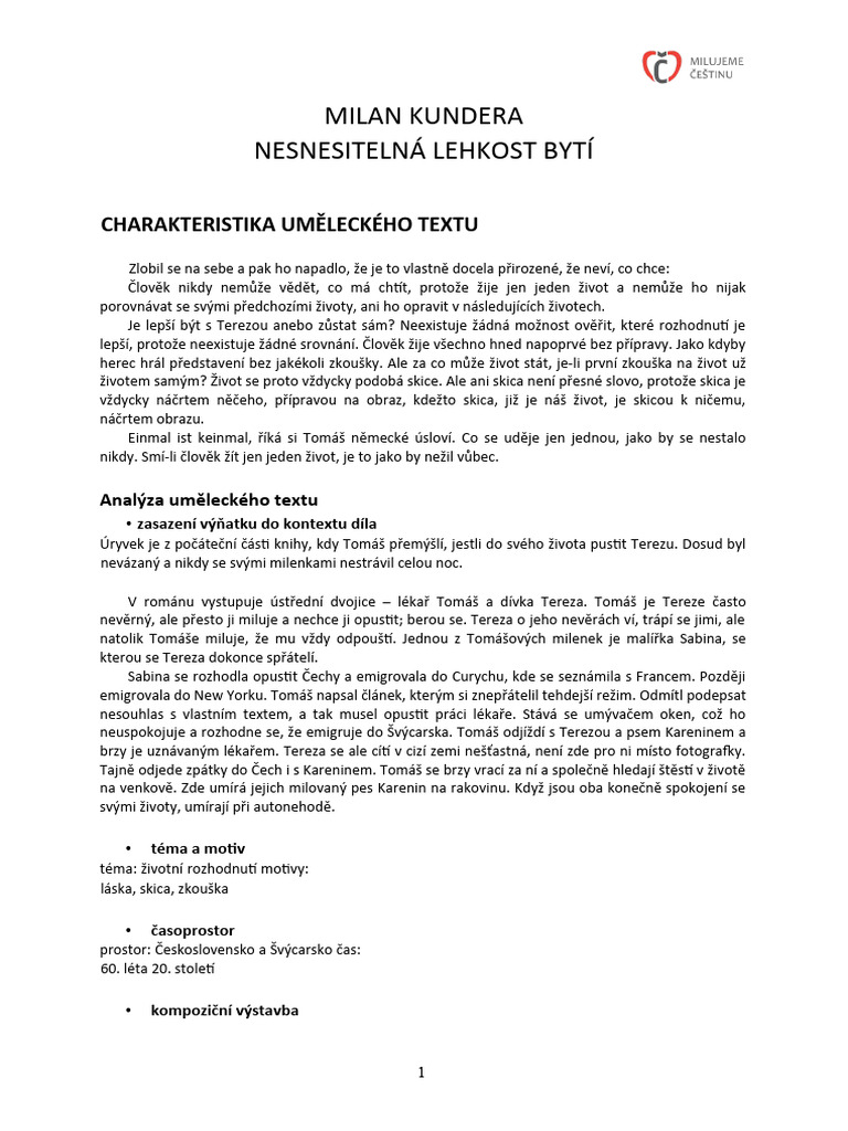 Milan Kundera Nesnesitelna Lehkost Byti | PDF