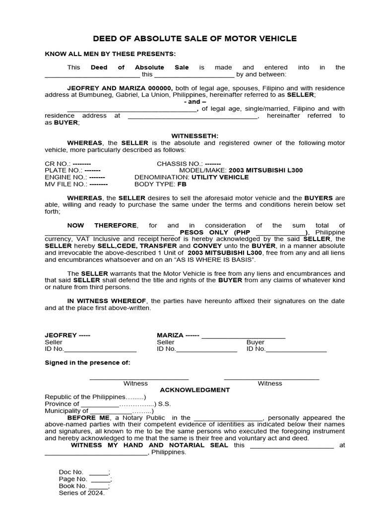 Vehicle Deed of Absolute Sale Template | PDF