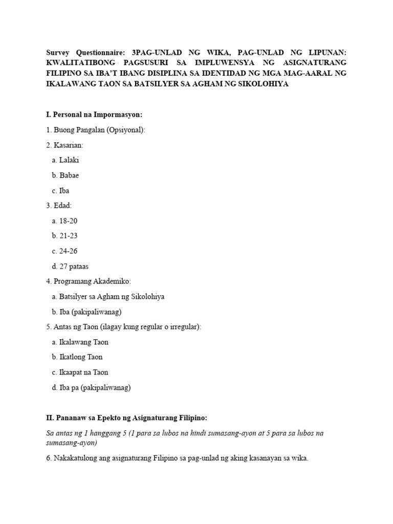 Survey Questionnaire | PDF