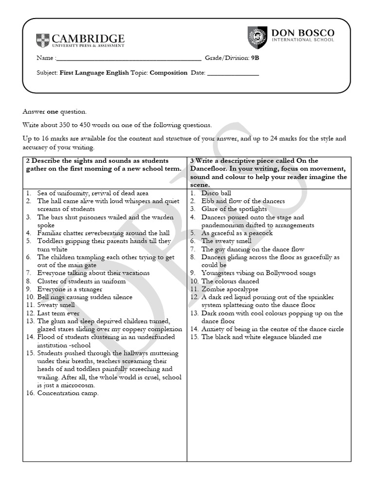 Grade 9 Composition Topics Guide | PDF