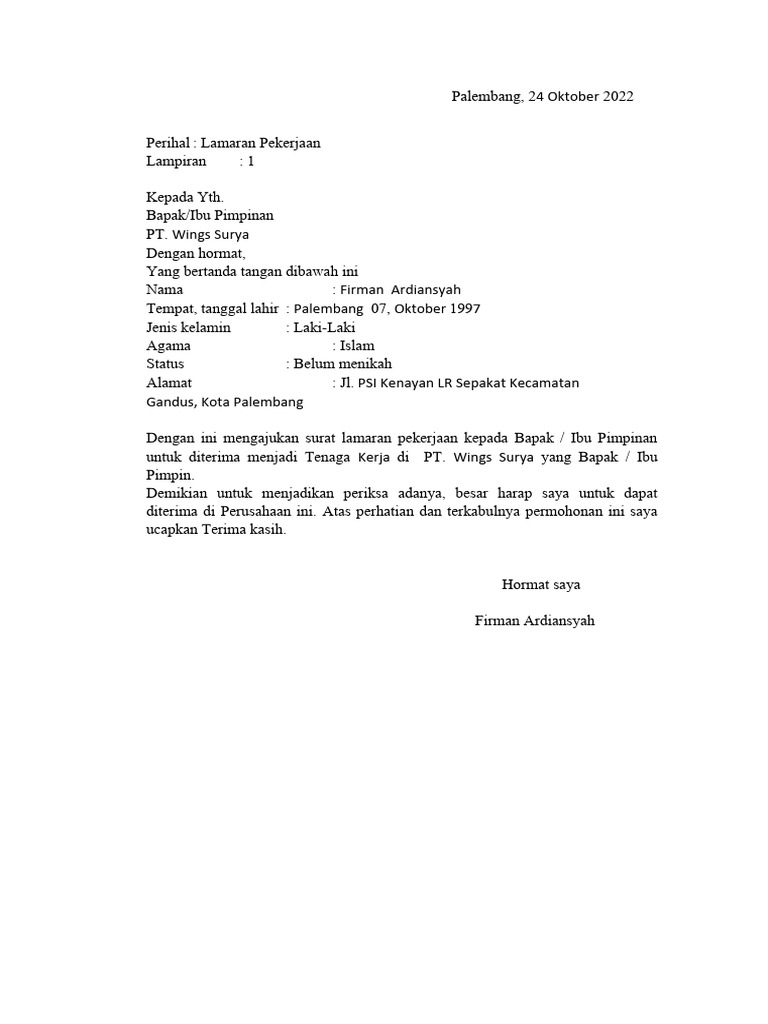 Surat Lamaran Kerja Firman | PDF
