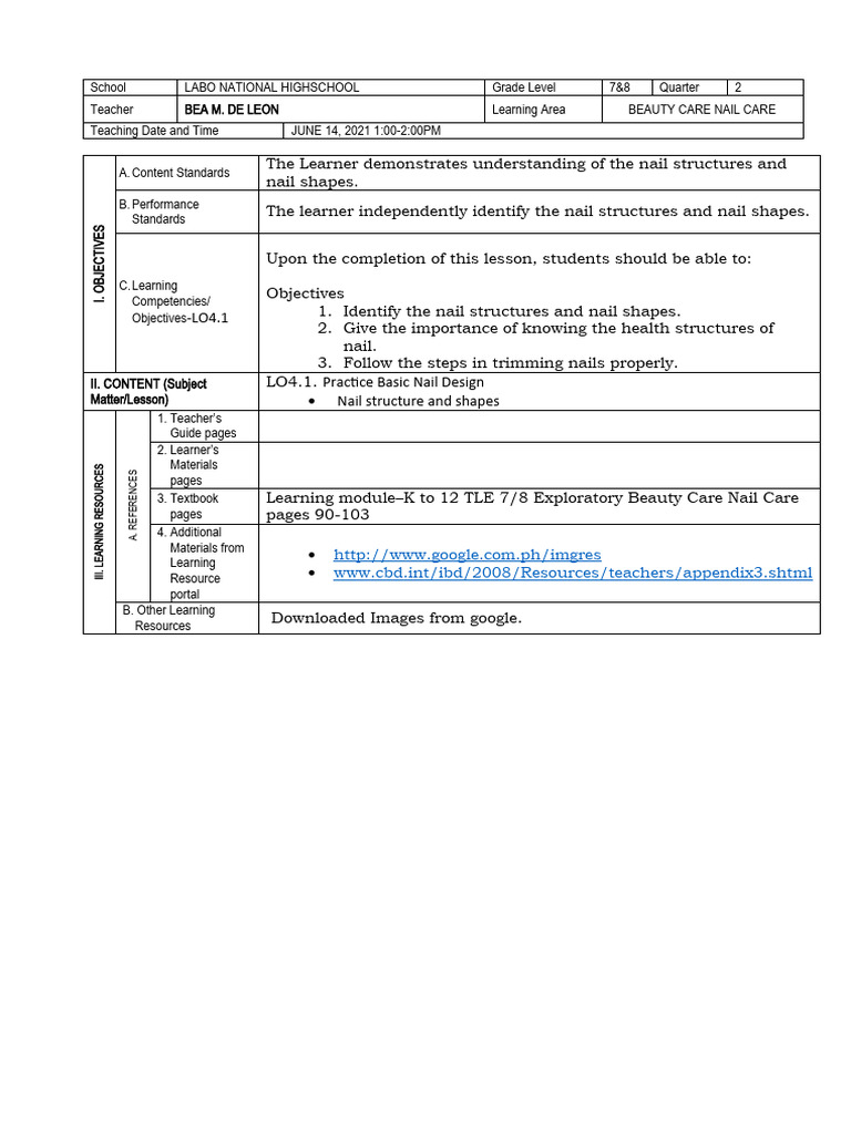 Nail Care Lesson Plan for Grades 7 & 8 | PDF | Career & Growth