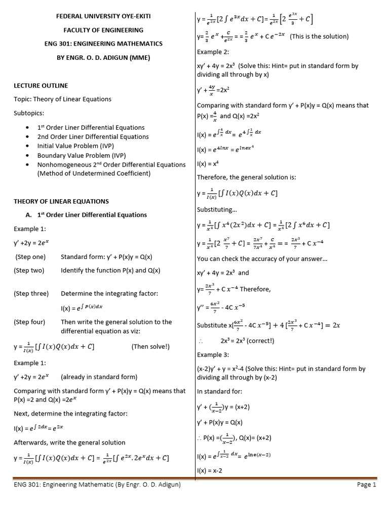 Engineering Mathematics Lecture Notes | PDF | Equations | Differential ...