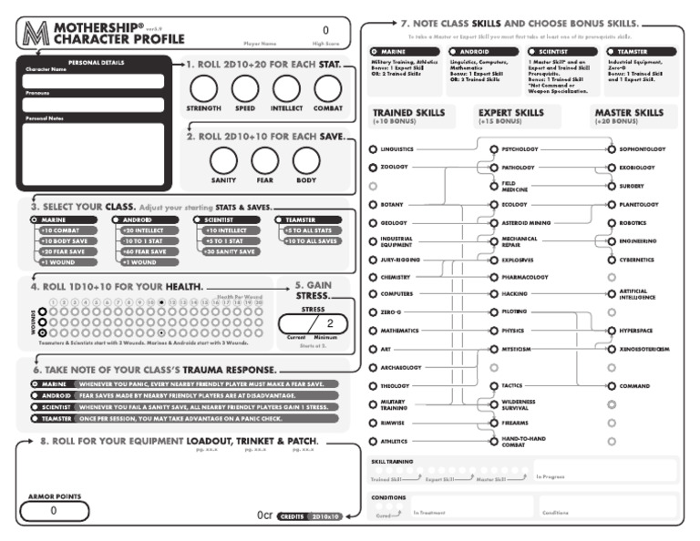 Mothership 1e character sheet v5 9 editable pdf