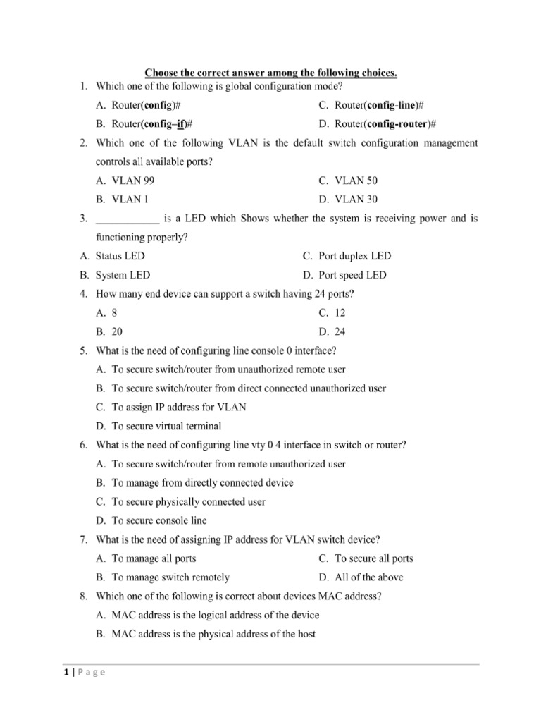 Network Device & Configuration MCQ Worksheet For Exit Exam 2015 PDF