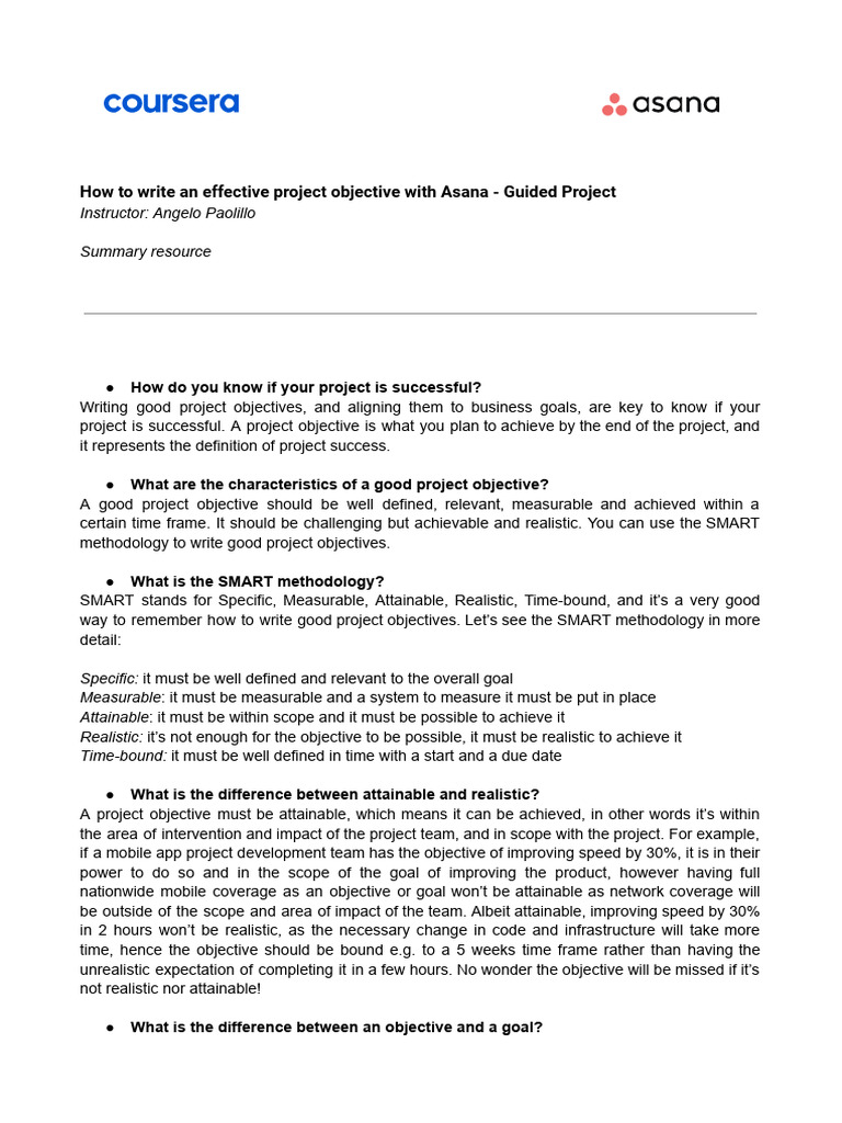 How To Write An Effective Project Objective With Asana - Guided Project ...