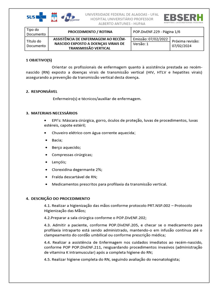 POP Assistência de Enfermagem ao recém-nascido exposto a doenças virais ...