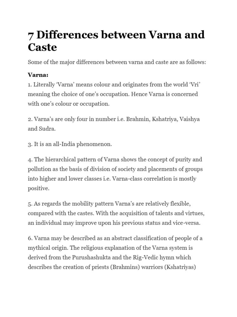 Differences Between Varna and Caste | PDF | Social Science | Religion ...