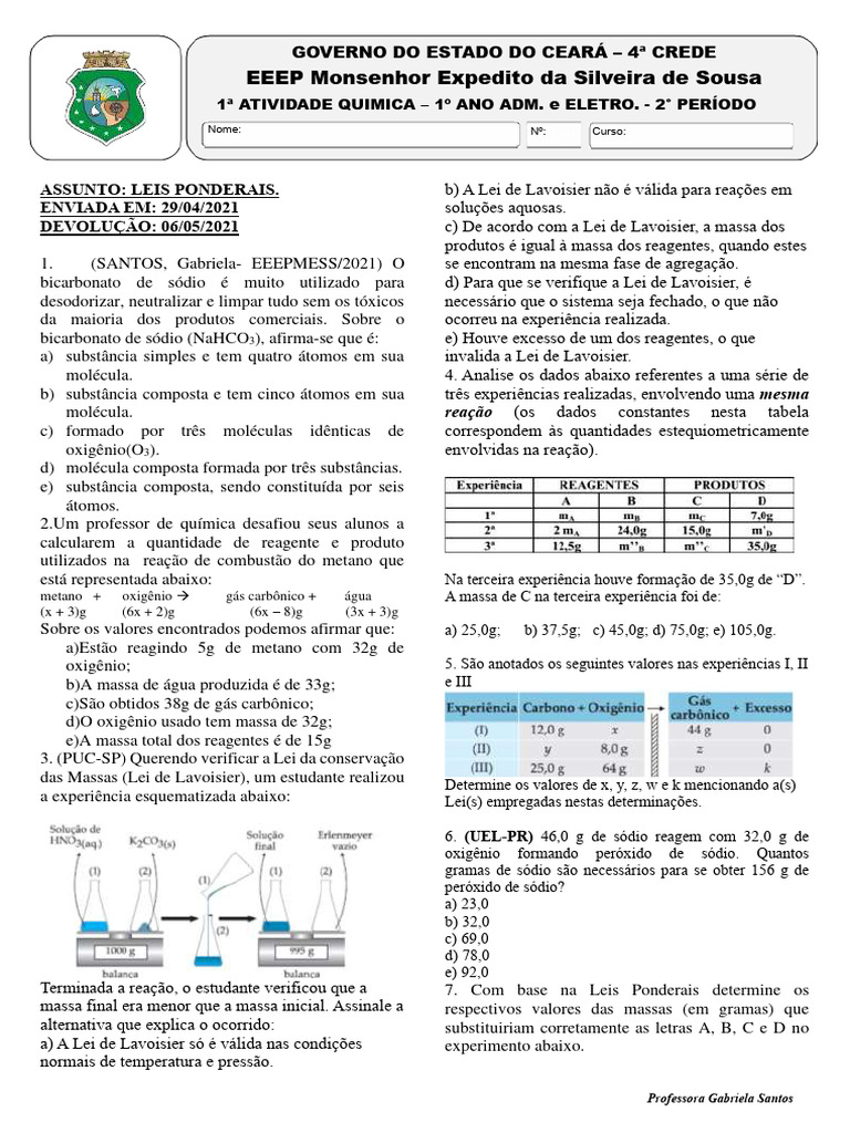 Exercícios sobre Leis Ponderais | PDF | Reações químicas | Química