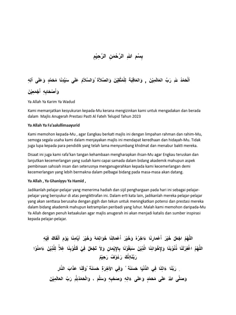 Doa Majlis Anugerah Pasti Al Fateh 2023 | PDF | Karier & Perkembangan
