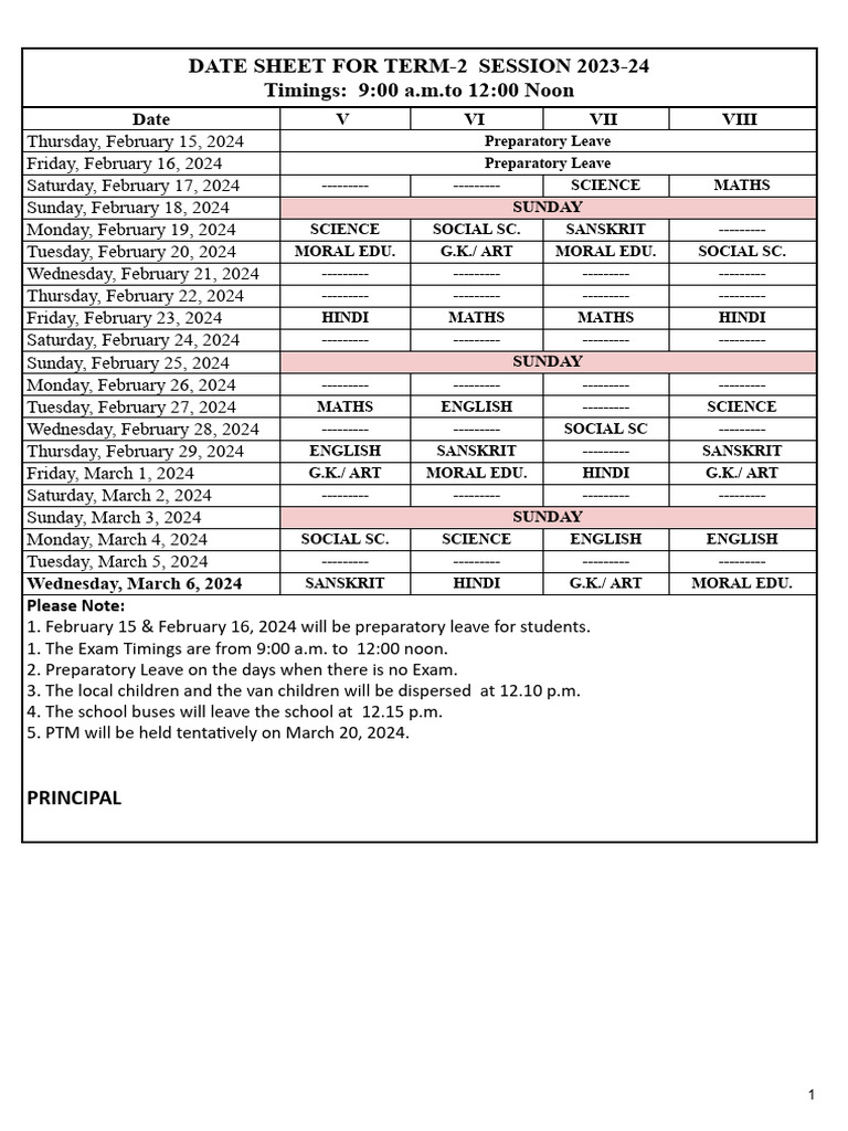 Term 2 Exam Schedule 2023-24 | PDF