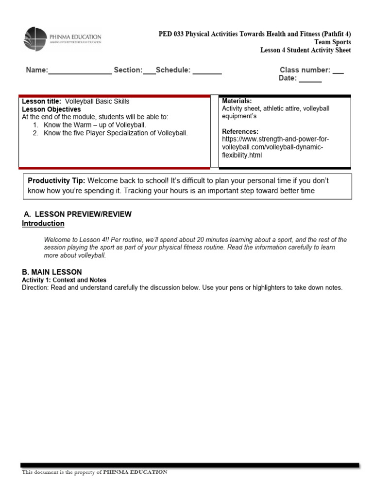 Ped 033 Lesson 4 Sas Pdf Volleyball Physical Fitness